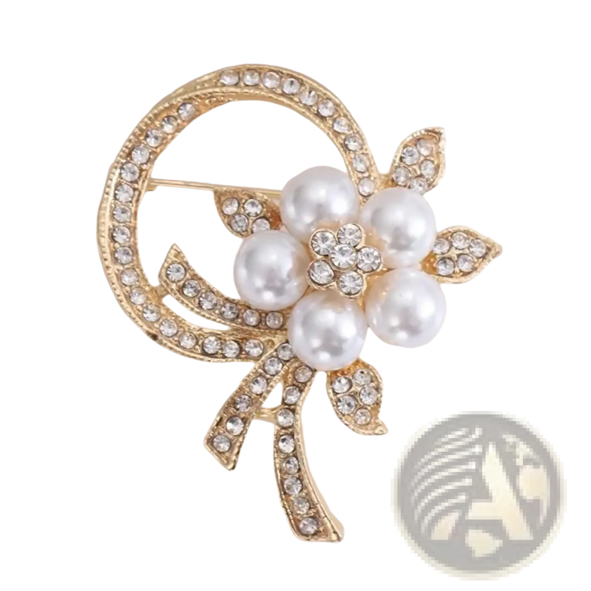 Gold-toned pearl floral brooch adorned with clear rhinestones and imitation pearls for luxury unisex fashion pin