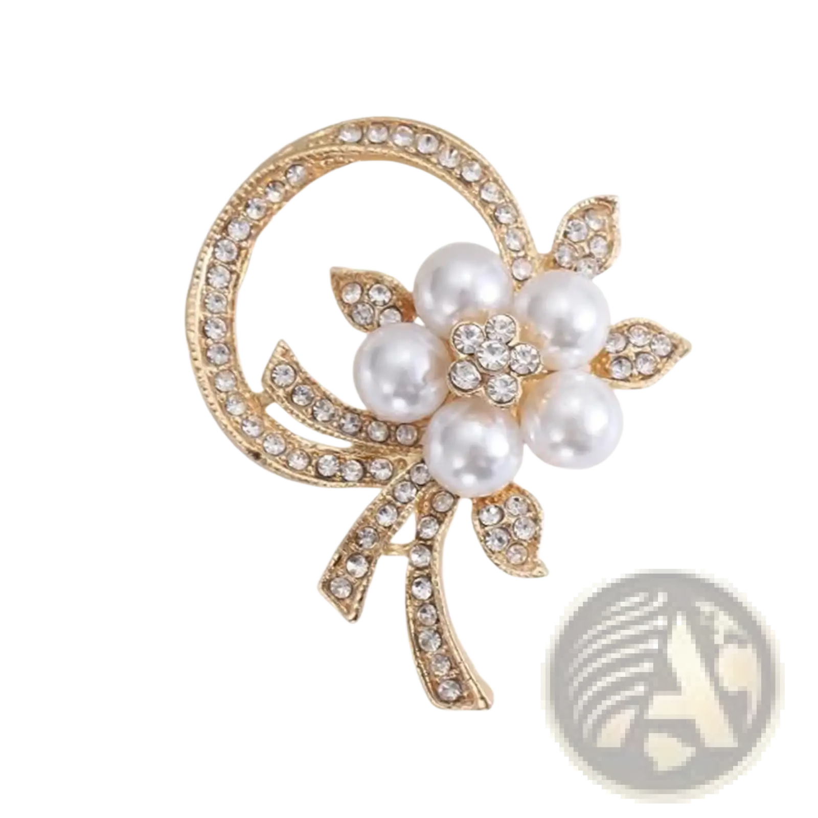 Pearl floral brooch gold-toned with five white pearls and clear rhinestones in an elegant bow design luxury pin