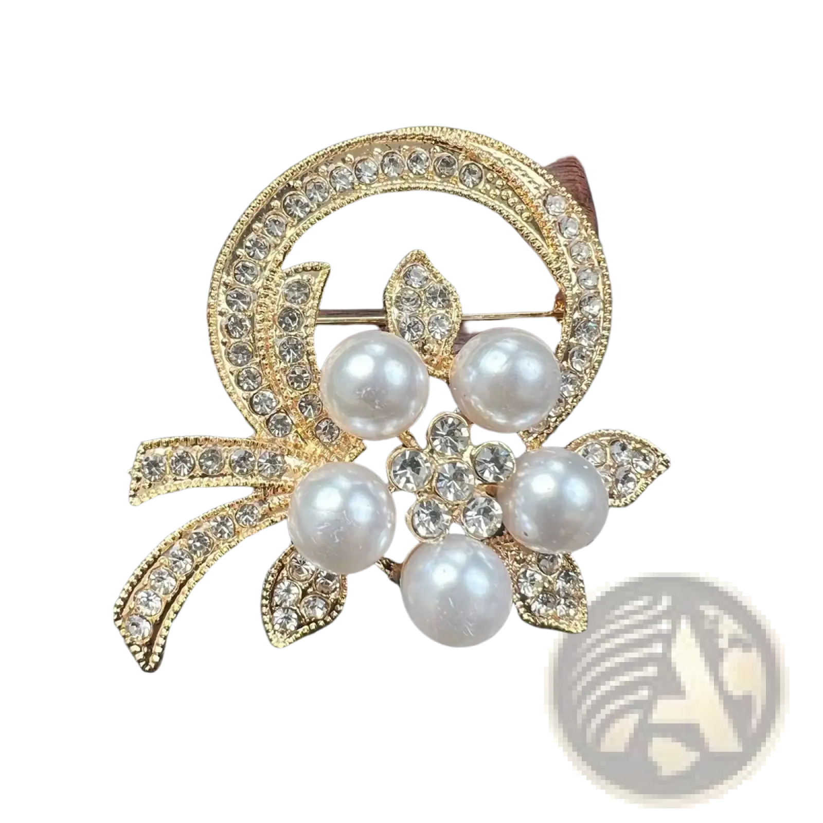 Gold-toned pearl floral brooch featuring five white pearls and clear crystals for luxury unisex fashion pin