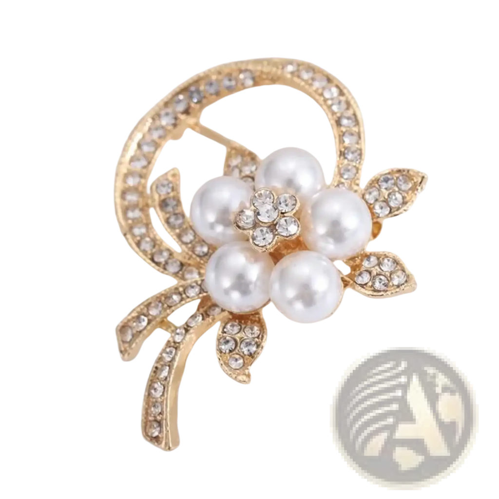 Gold-toned pearl floral brooch with white pearls and sparkling rhinestones luxury unisex fashion pin