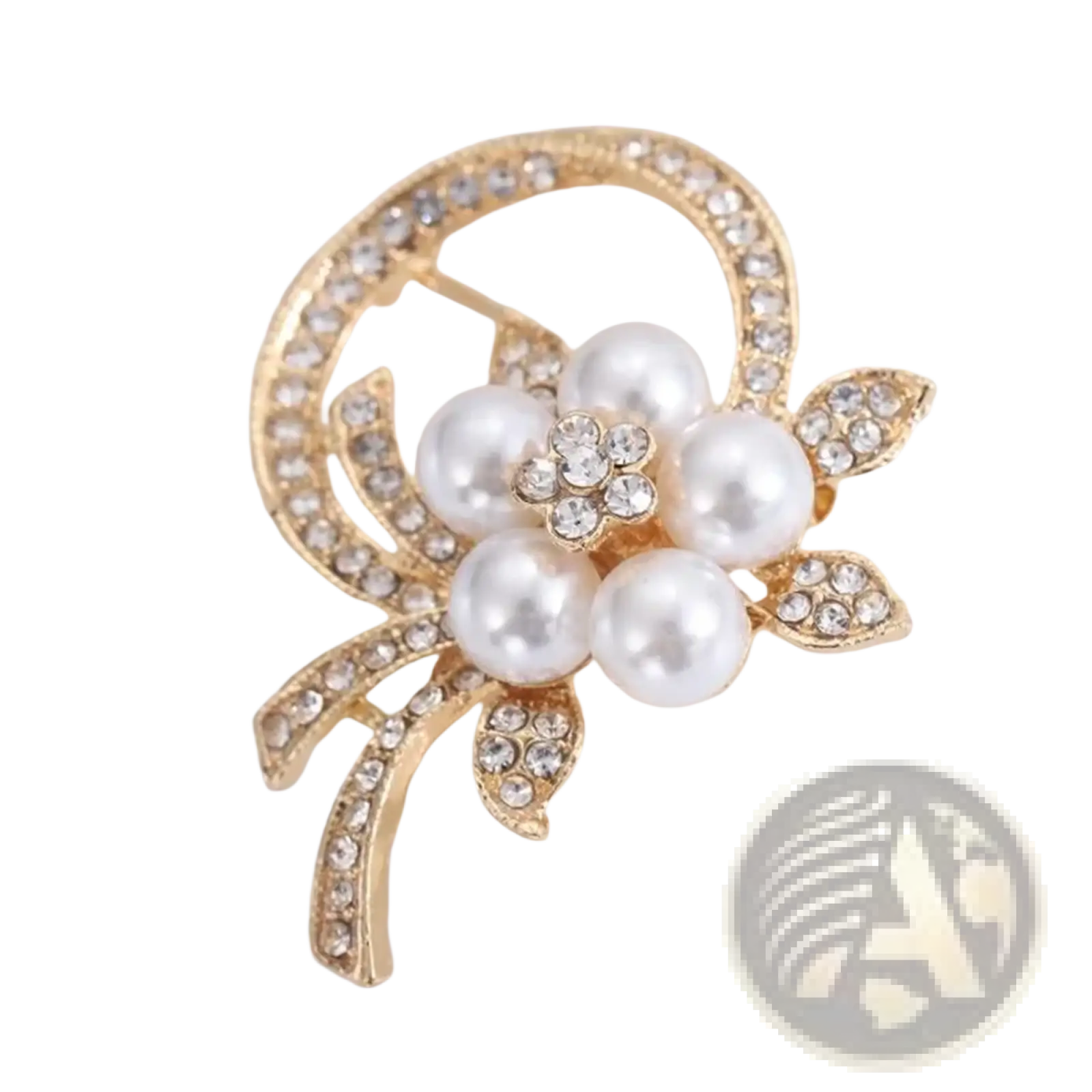Gold-toned pearl floral brooch with white pearls and sparkling rhinestones luxury unisex fashion pin