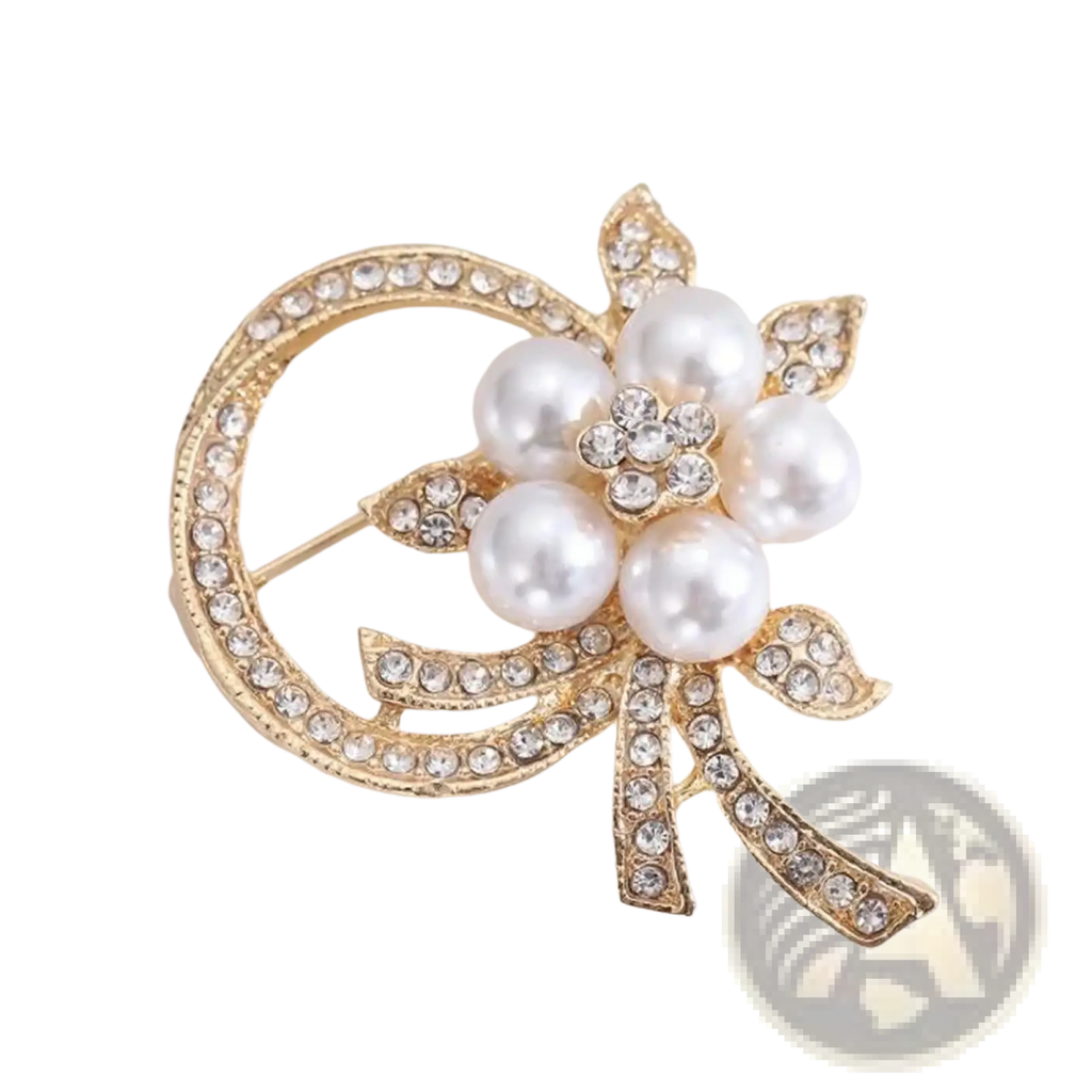 Gold-toned pearl floral brooch with five white pearls and clear rhinestones in an ornate curved frame for unisex fashion