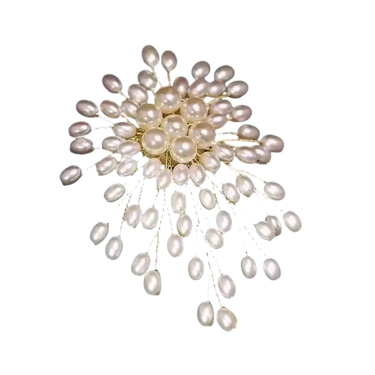 Pearl flower brooch pin featuring cream and pale pink pearls on gold-toned filigree for fashion jewelry