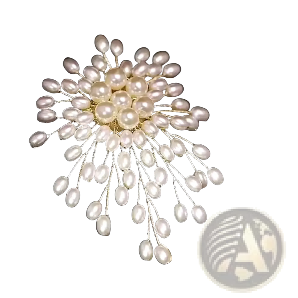 Pearl flower brooch pin featuring a cluster of white pearls on gold-toned filigree chains for fashion jewelry