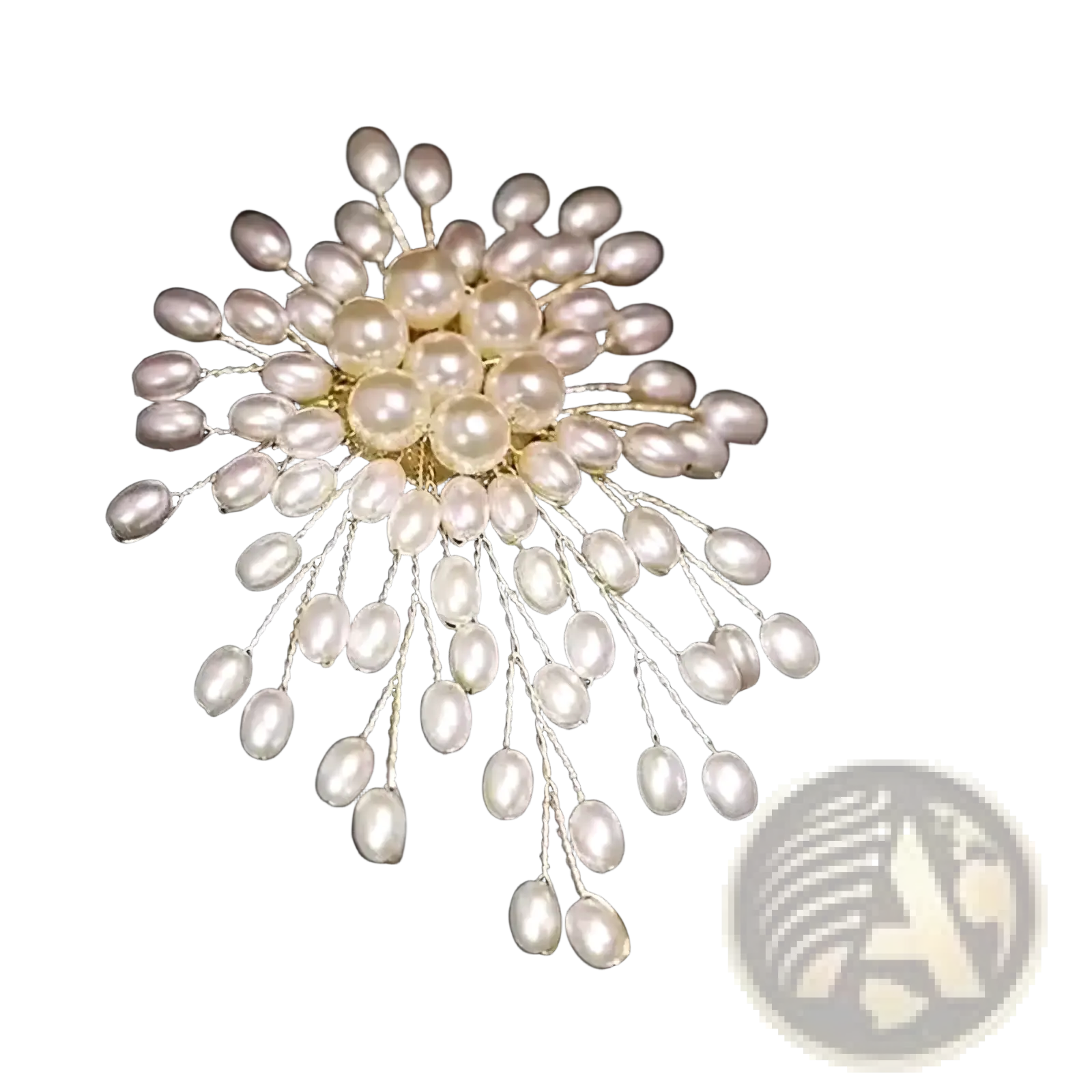 Pearl flower brooch pin featuring a cluster of white pearls on gold-toned filigree chains for fashion jewelry