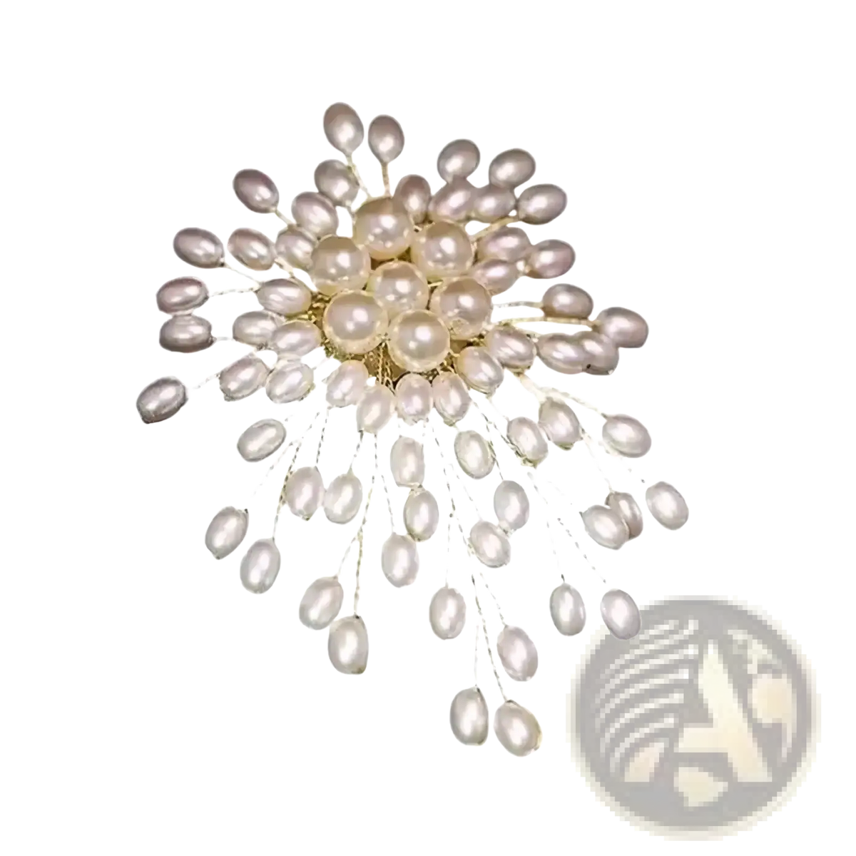 Pearl flower brooch pin featuring cream and pale pink pearls on gold-toned filigree for fashion jewelry