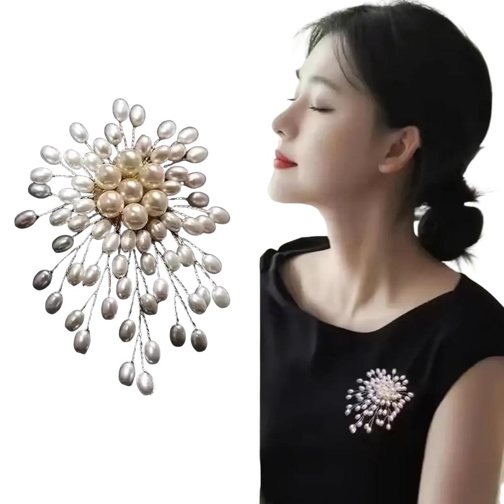 Pearl flower brooch pin fashion jewelry featuring a delicate silver-toned design with cream and white pearl burst pattern