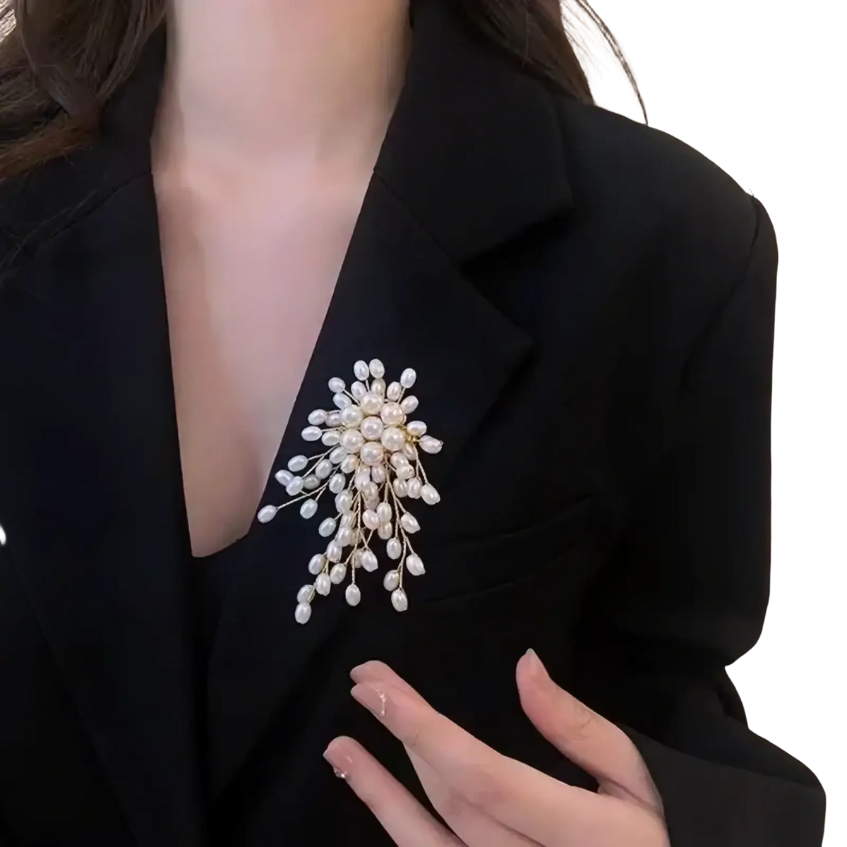 Elegant pearl flower brooch pin in white and gold tones featuring a delicate branching floral design for fashion jewelry