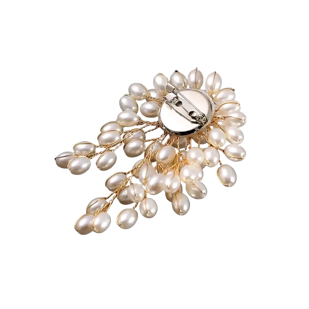 Elegant gold-toned pearl flower brooch pin featuring cascading strands of imitation pearls for fashion jewelry use