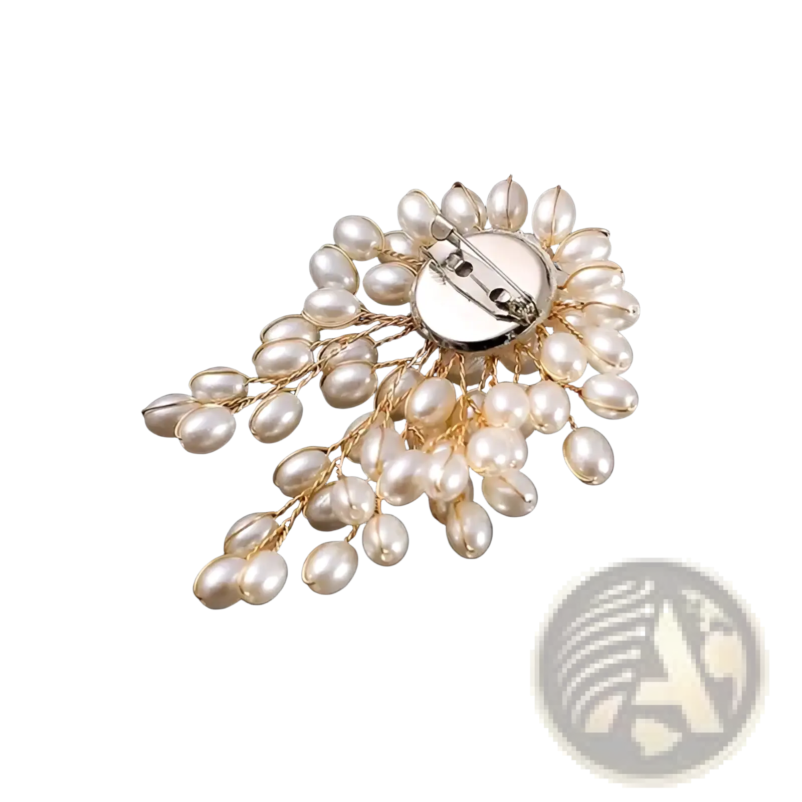 Elegant gold-toned pearl flower brooch pin featuring cascading strands of imitation pearls for fashion jewelry use