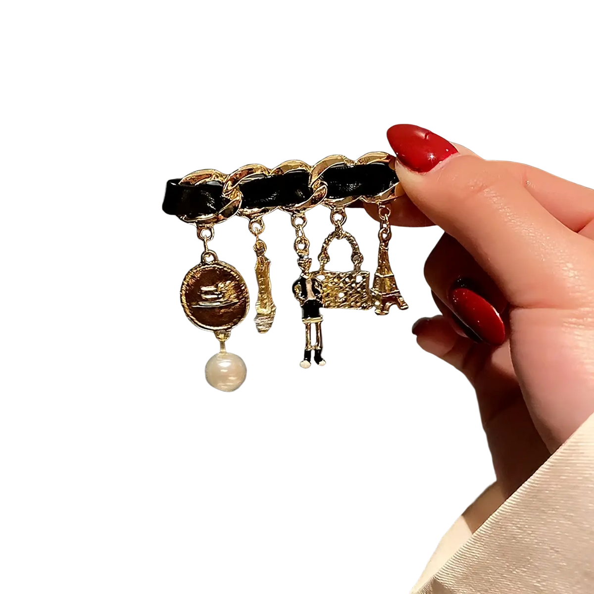 Black leather strap pearl flower number 5 gold brooch pin with gold chain links and dangling pearl eiffel tower charms