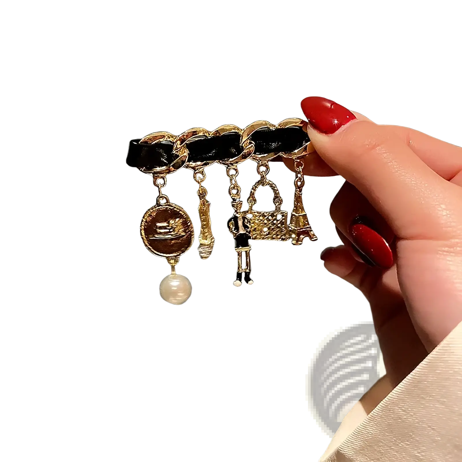 Black leather strap with gold-tone chain links and pearl miniature eiffel tower charms for pearl flower number 5 brooch pin