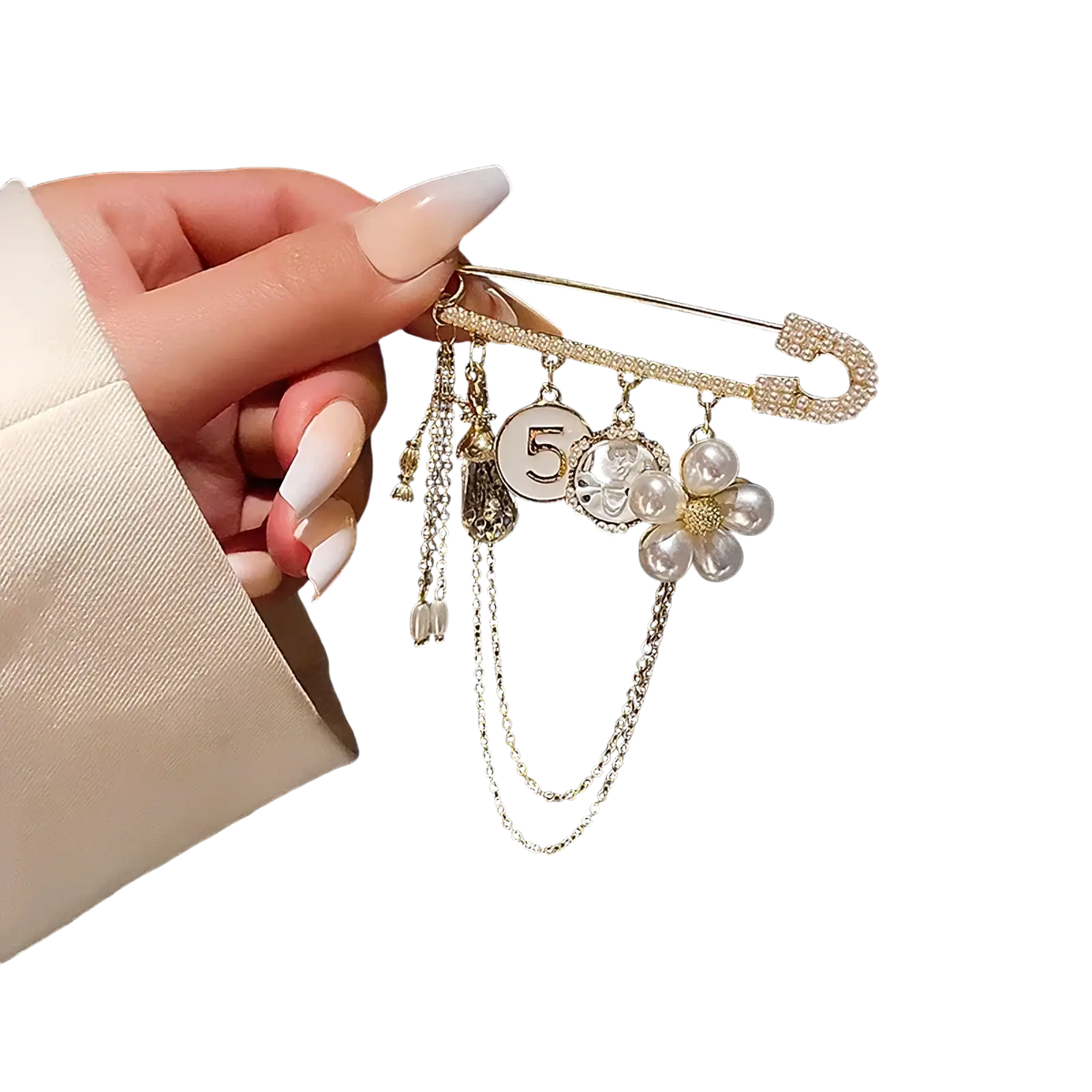 Pearl flower number 5 gold brooch pin featuring a gold-toned safety pin with rhinestones and dangling charms