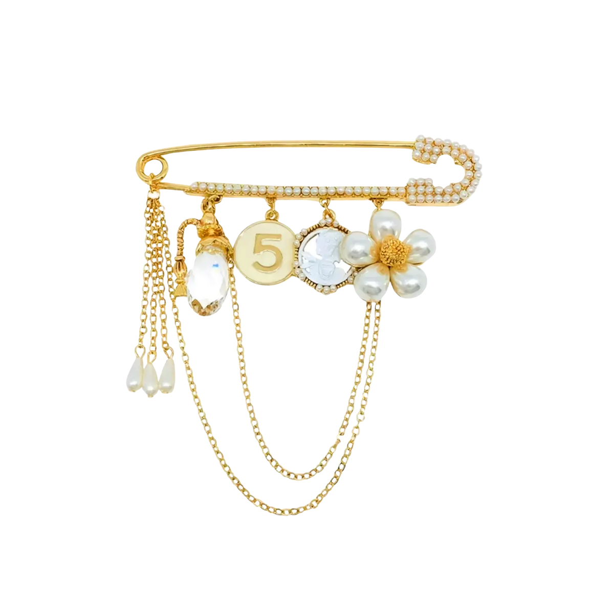Gold-toned safety pin brooch with dangling chains, pearl flower, crystal pendant, and engraved number five charm