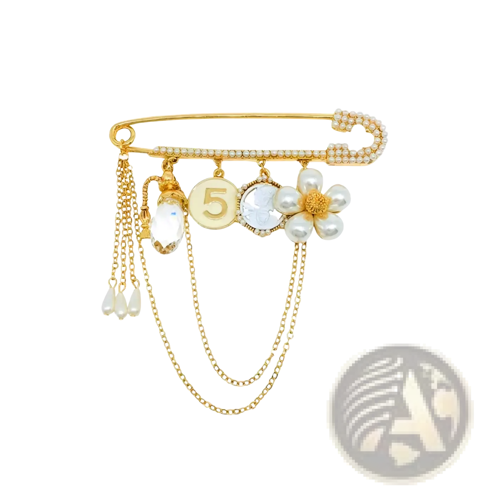 Gold-toned safety pin brooch with dangling chains, pearl flower, crystal pendant, and engraved number five charm