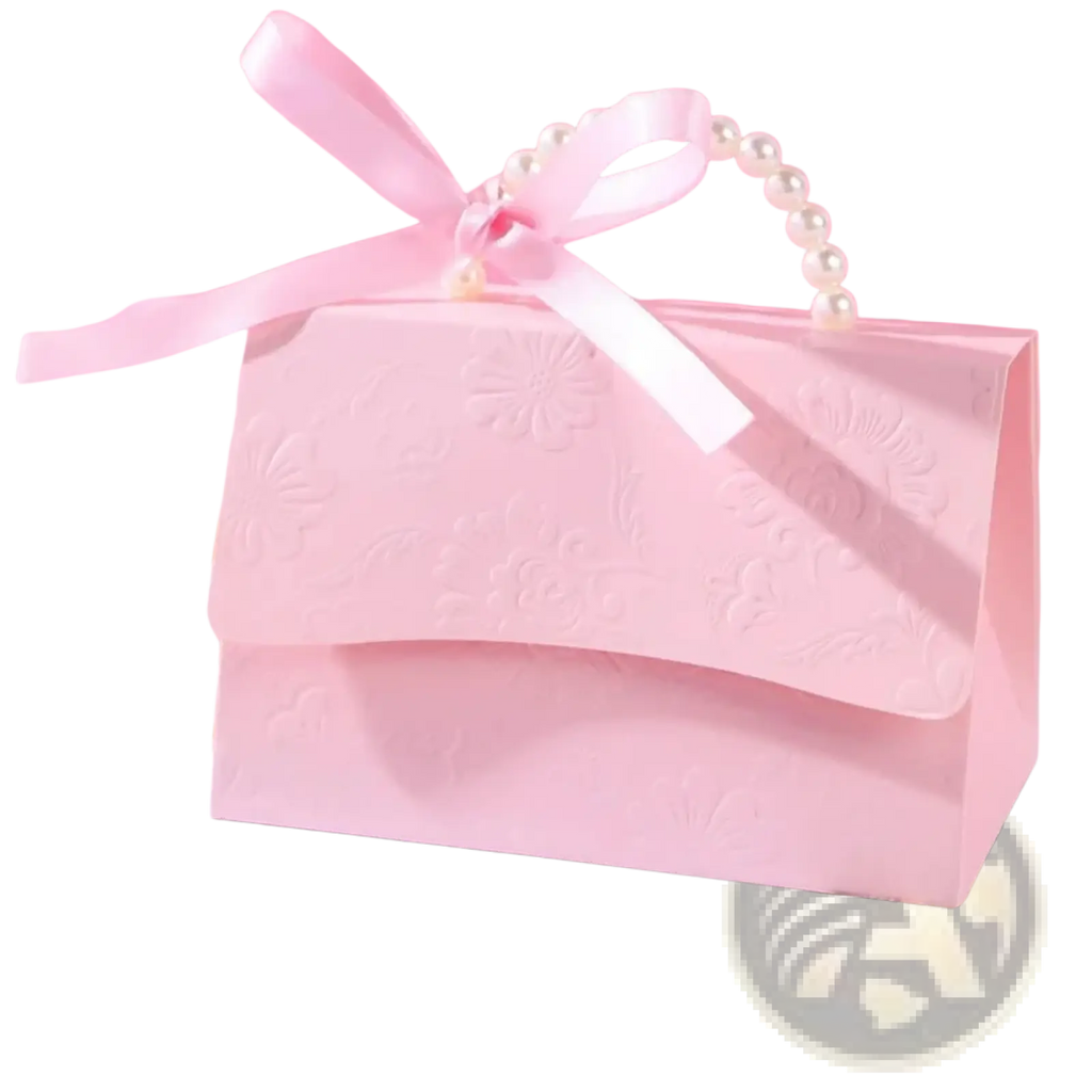 A delicate pink paper pearl handle party favor gift box with embossed floral pattern satin ribbon and pearl handle
