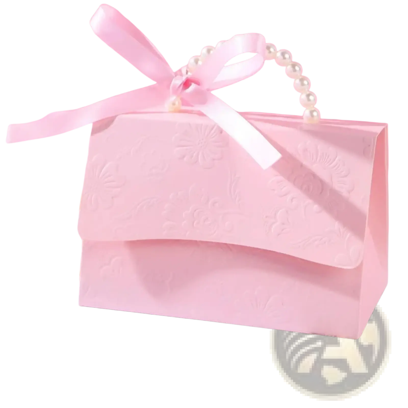 A delicate pink paper pearl handle party favor gift box with embossed floral pattern satin ribbon and pearl handle