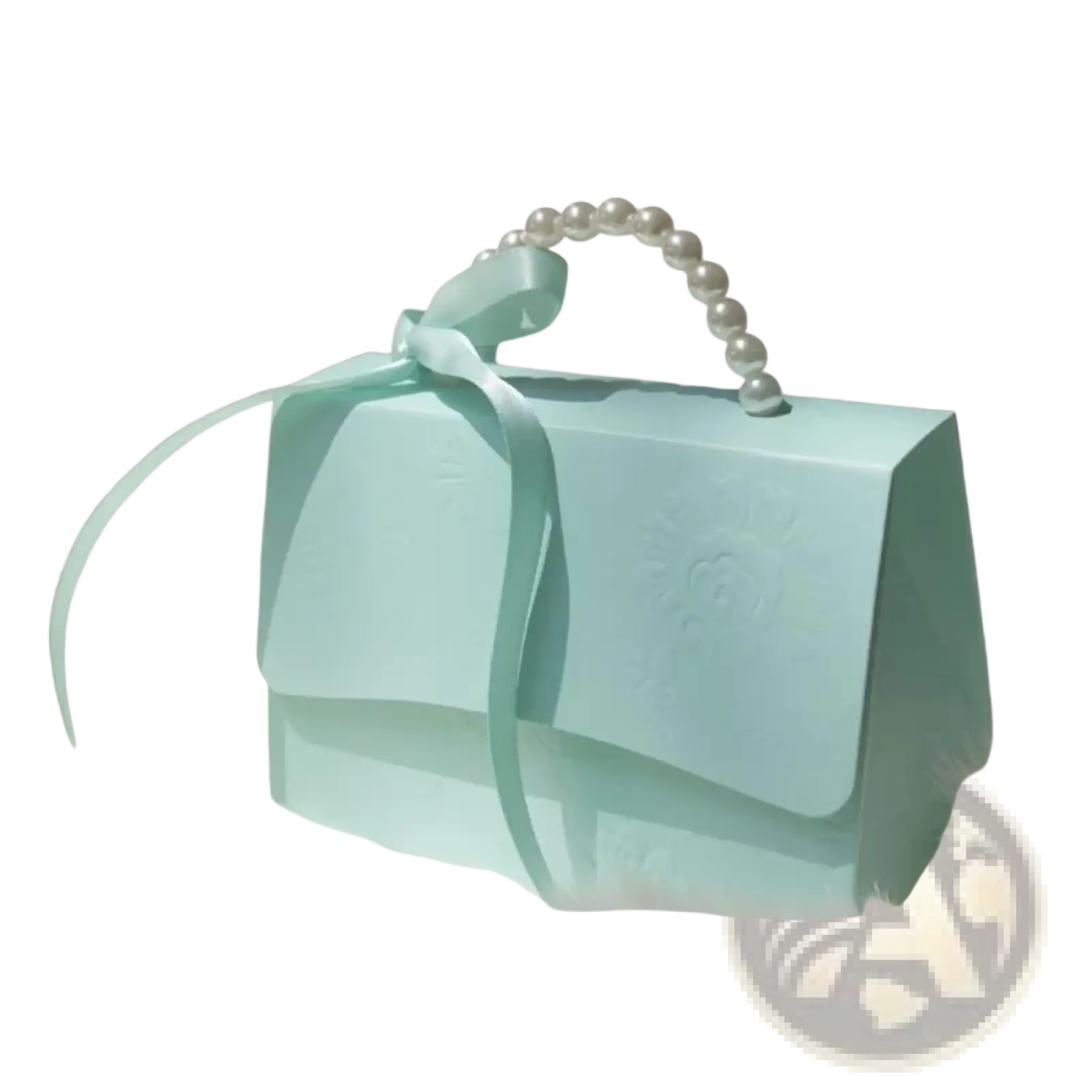 Mint green paper handbag with pearl handle and satin ribbon bow for party favor gift box candy packaging