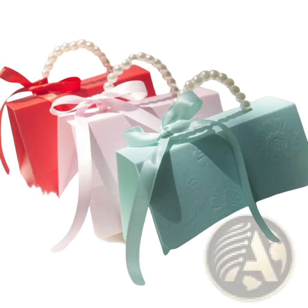 Pastel blue party favor gift box with pearl handle and satin ribbon bow for candy packaging
