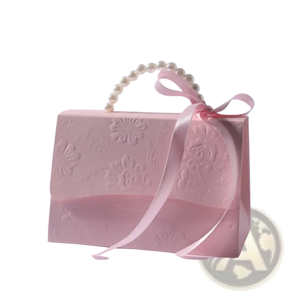 Pink floral-embossed party favor gift box with pearl handle strap and satin ribbon bow for candy packaging