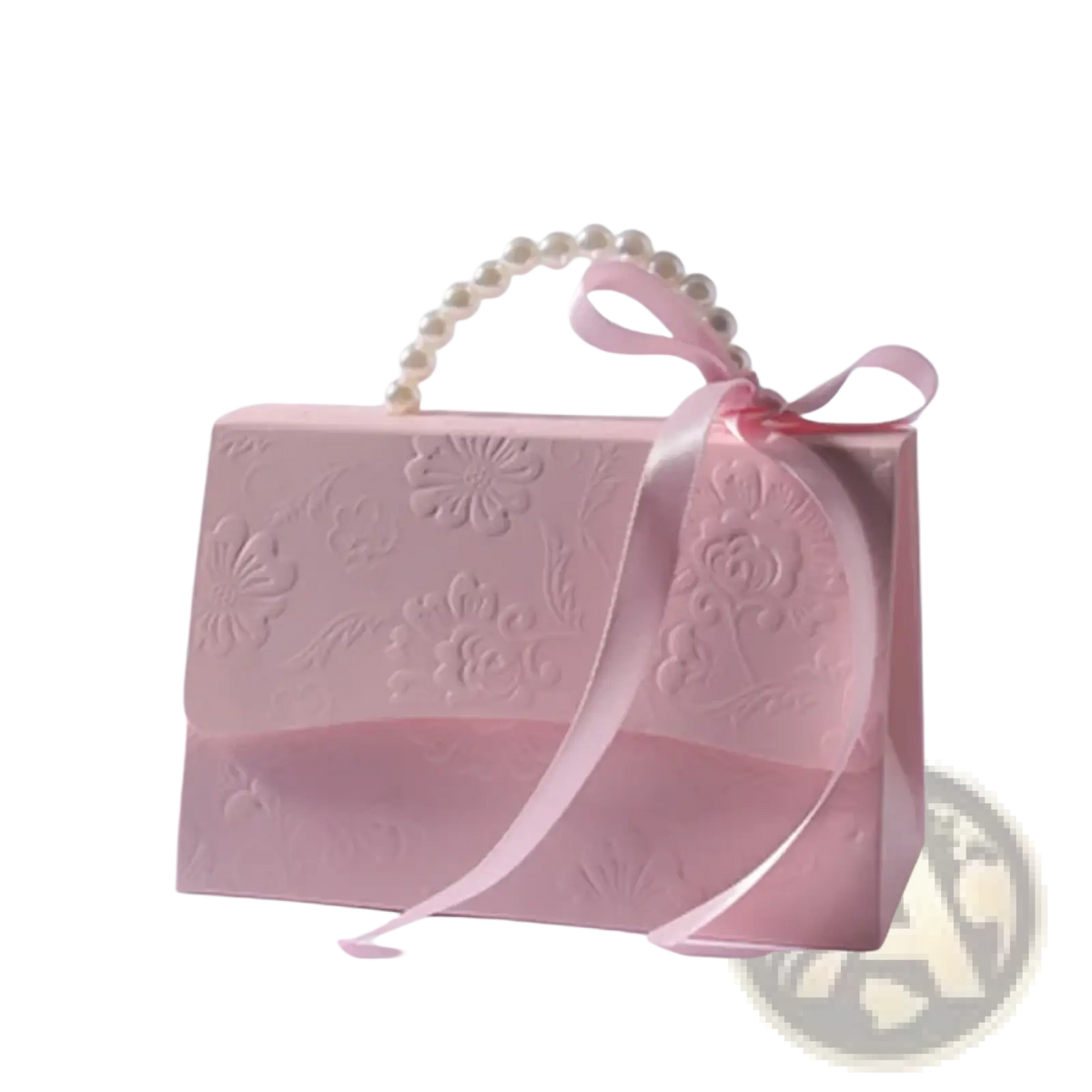 Pink floral-embossed party favor gift box with pearl handle strap and satin ribbon bow for candy packaging