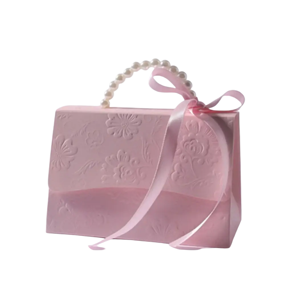 Pink floral-embossed party favor gift box with pearl handle strap and satin ribbon bow for candy packaging