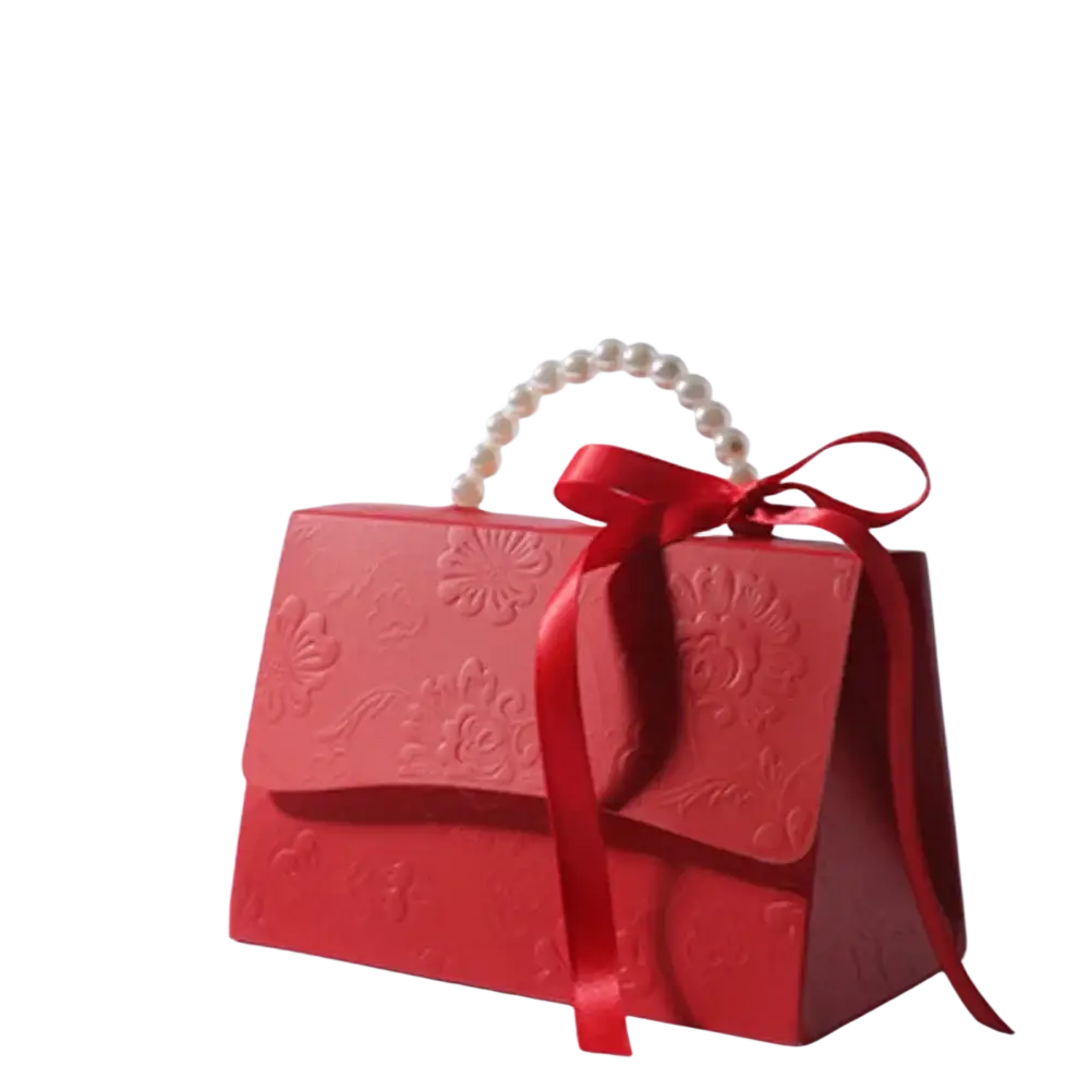 Red embossed paper party favor gift box with pearl handle and red satin ribbon bow for candy packaging