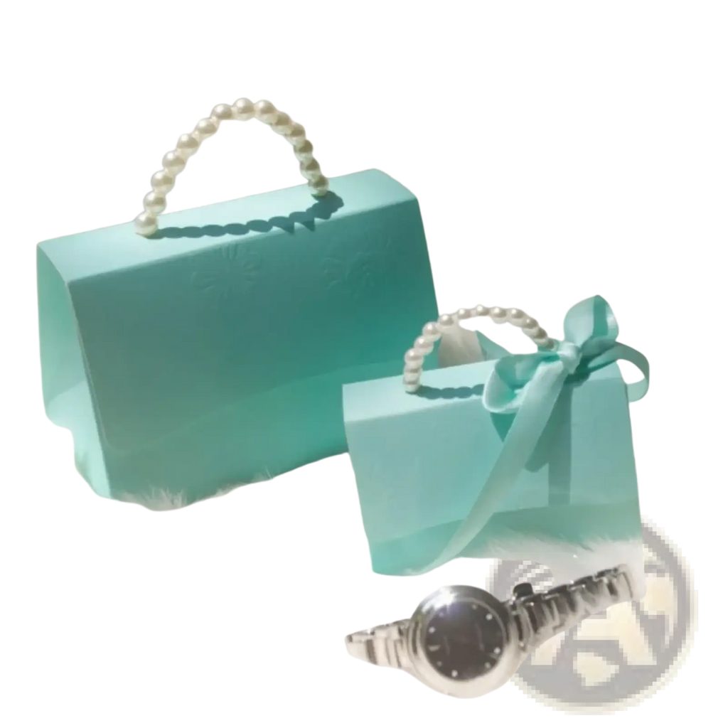 Pearl handle party favor gift box candy packaging in Tiffany blue for elegant event presentation