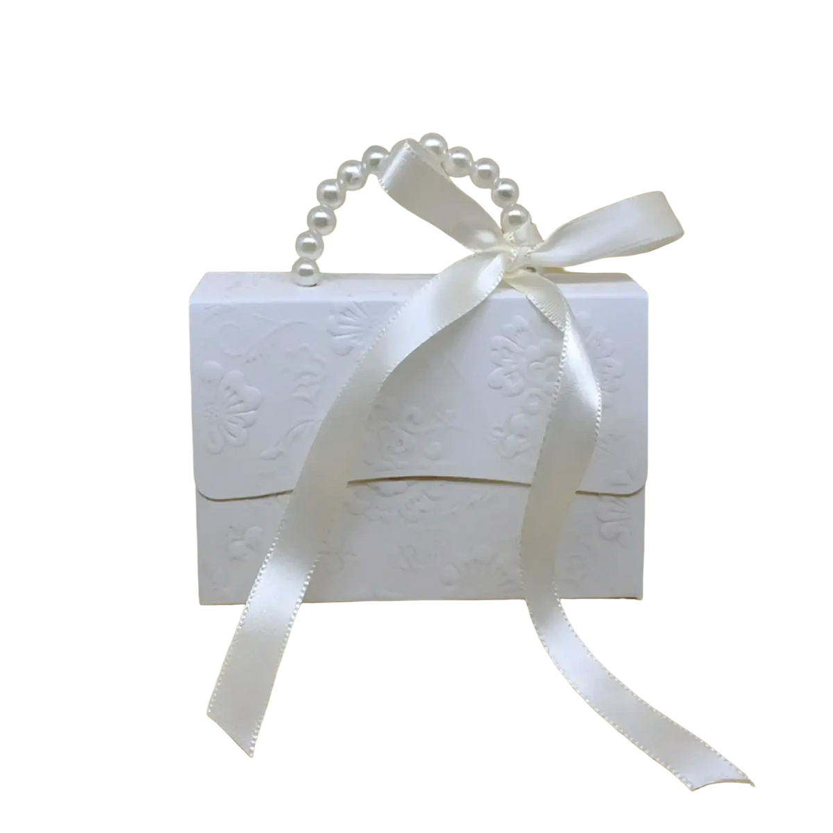 White embossed paper gift box with pearl-handled strap and satin ribbon bow for party favor candy packaging