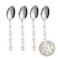 Set of four elegant silver stainless steel spoons with pearl like white beaded handles for dining use