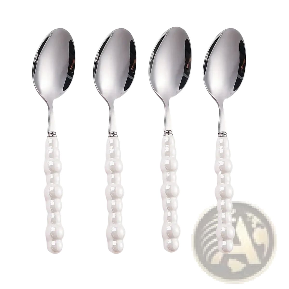 Set of four elegant silver stainless steel spoons with pearl like white beaded handles for dining use