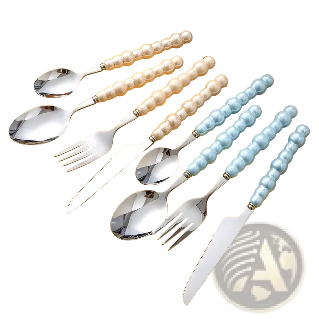 Set of pearl handle stainless steel cutlery with cream and light blue beaded handles for elegant dining use