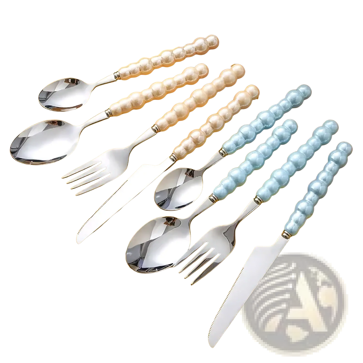 Set of pearl handle stainless steel cutlery with cream and light blue beaded handles for elegant dining use