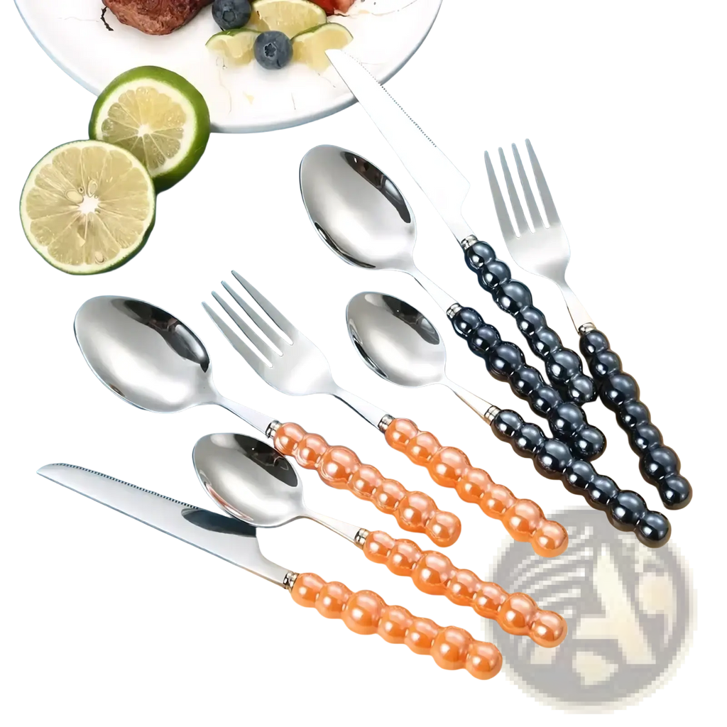 Set of stainless steel cutlery with pearl handles featuring black and orange beads for elegant dining use