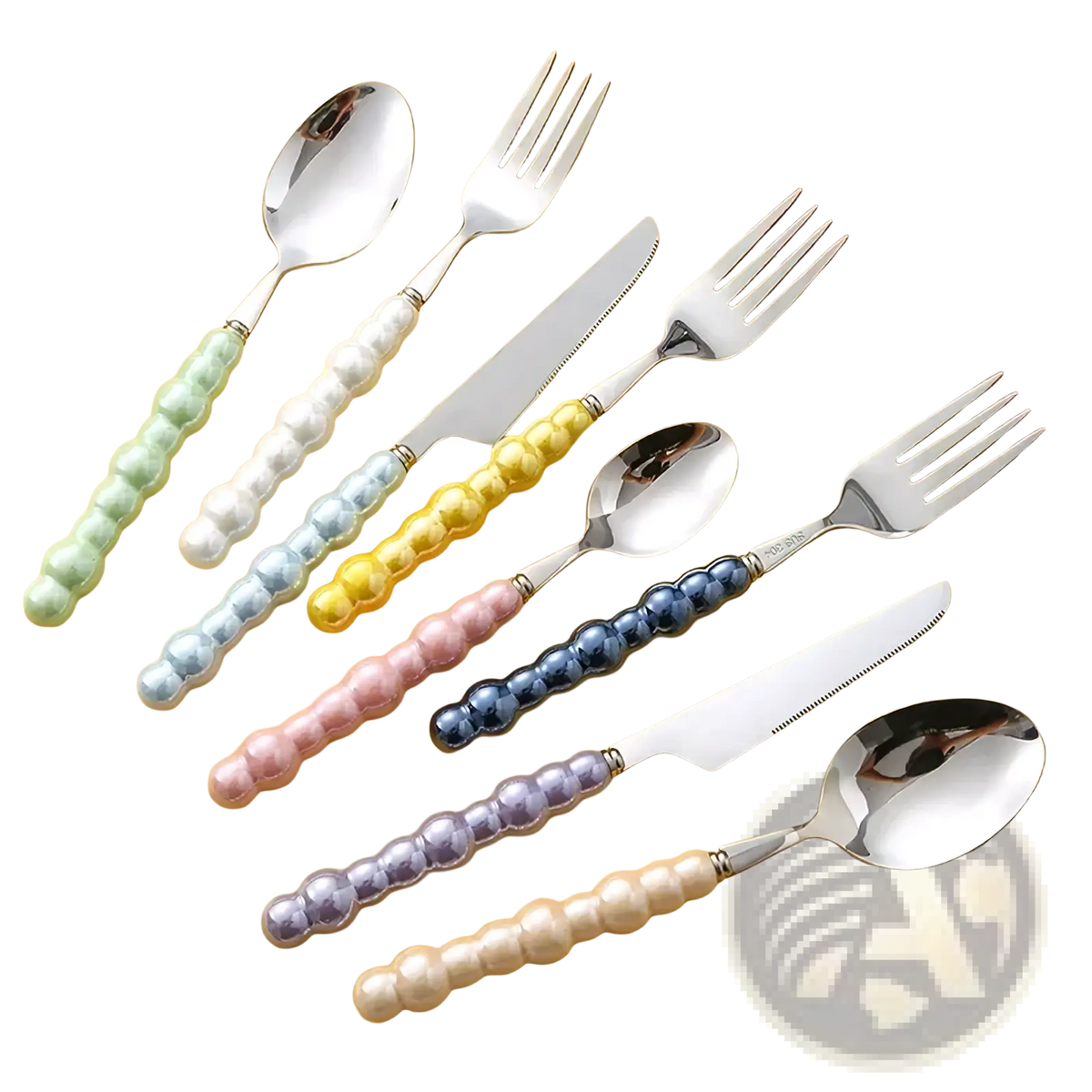 Set of colorful pearl handle stainless steel cutlery with beaded grips in pastel shades for elegant dining