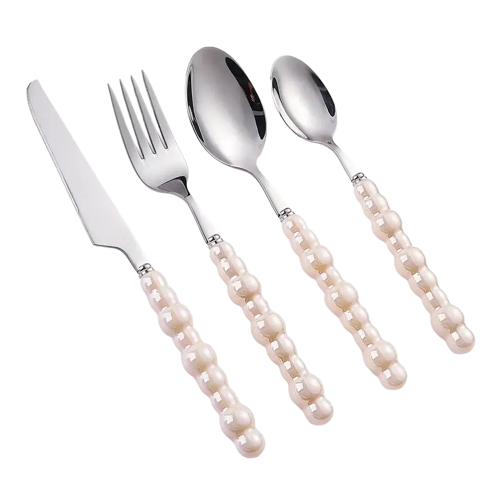 Elegant stainless steel cutlery set with pearl-like bead handles in soft cream hue for refined dining settings