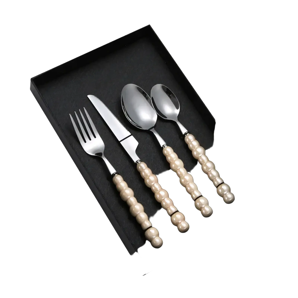 Elegant pearl handle stainless steel cutlery set with pearl-beaded design in a black gift box