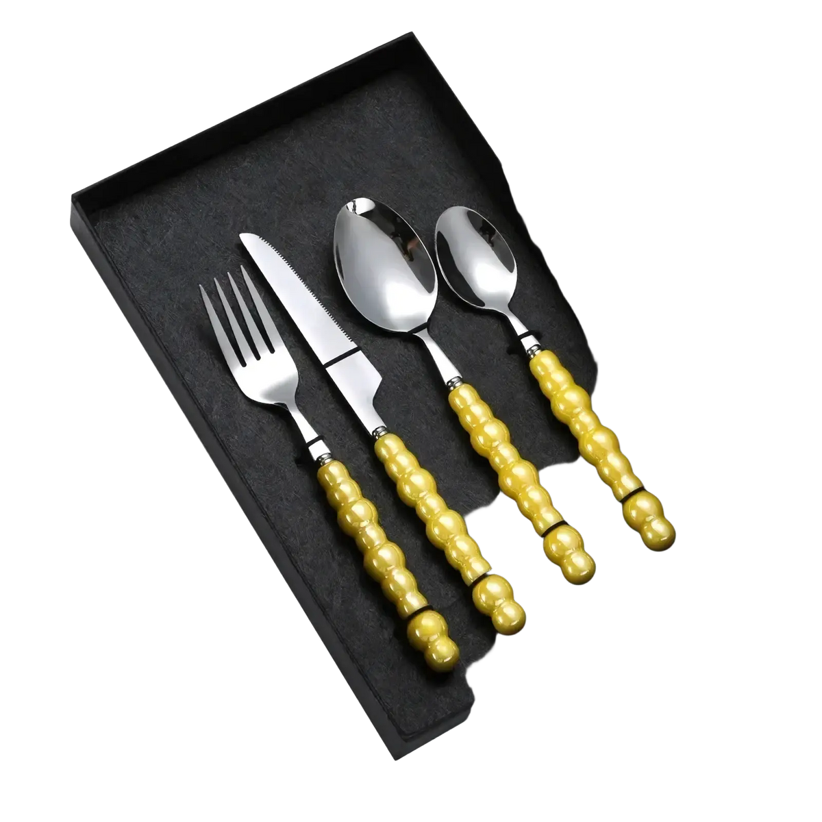 Elegant gold-beaded pearl handle stainless steel cutlery set with sleek modern design for dining use