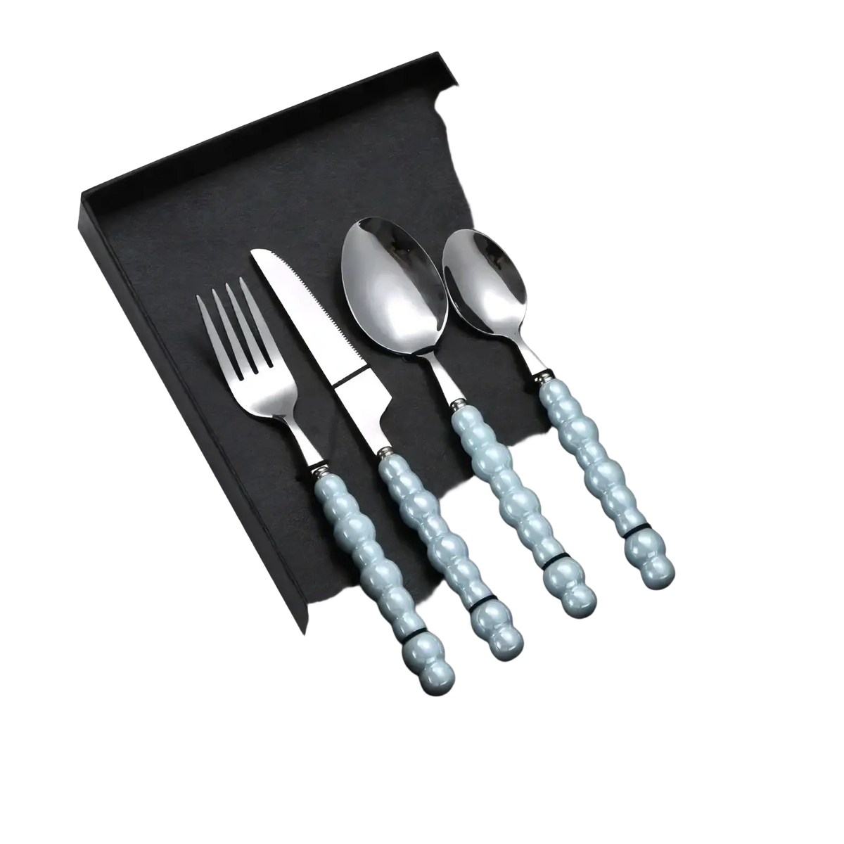 Elegant pearl handle stainless steel cutlery set with light blue beaded handles in a black gift box