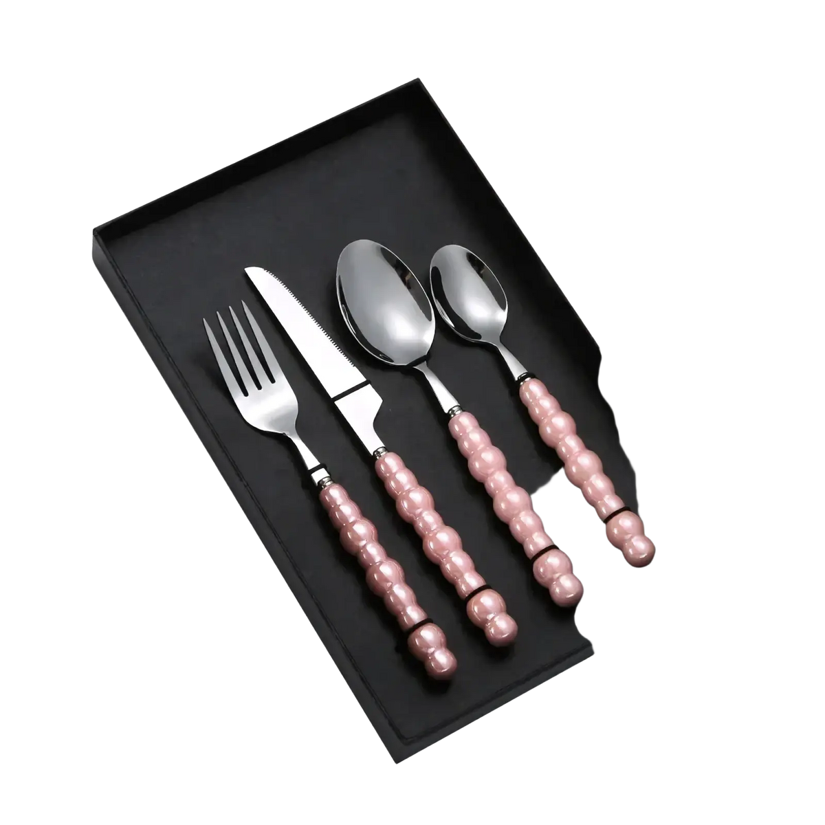 Pearl handle stainless steel cutlery set with elegant pink beaded handles neatly arranged in a black gift box
