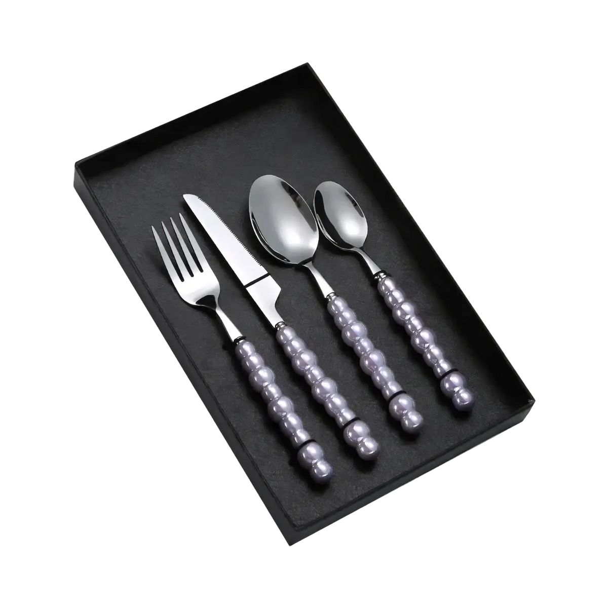 Elegant silver-toned pearl handle stainless steel cutlery set neatly arranged in a black gift box