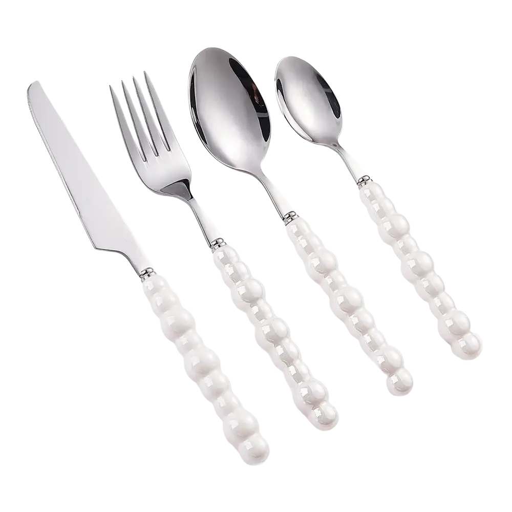 Elegant white beaded ceramic-handled pearl handle stainless steel cutlery set with polished blades and bowls