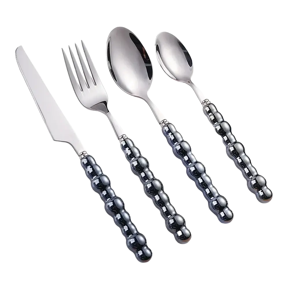 Set of four stainless steel cutlery with glossy black beaded pearl handles for elegant dining