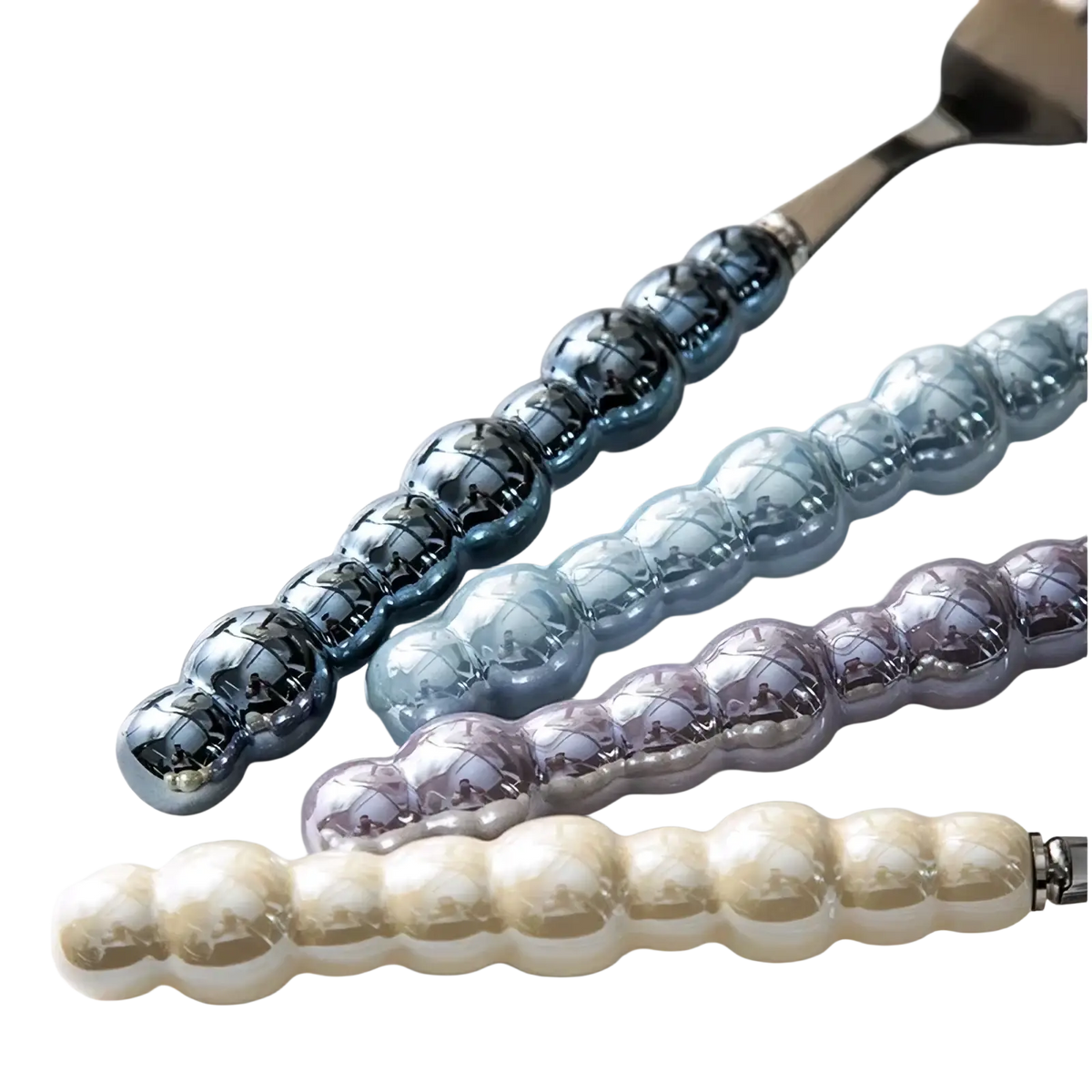 Set of four ceramic serving spoons with pearl stainless steel handles in blue purple and cream gradient shades