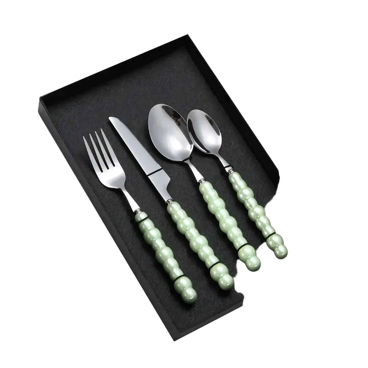 Set of four pearl handle stainless steel cutlery pieces with green beaded handles in a black gift box