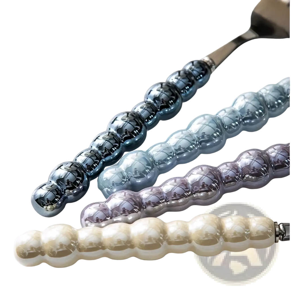 Set of four ceramic serving spoons with pearl stainless steel handles in blue purple and cream gradient shades