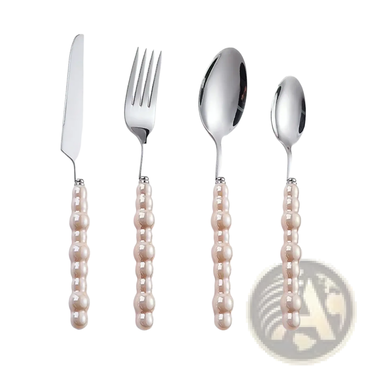 Set of four stainless steel cutlery pieces with pearl handle and polished heads for elegant dining