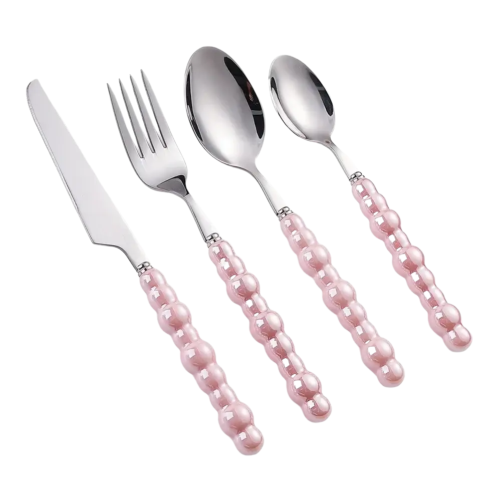 Set of four pink beaded-handled stainless steel cutlery pieces from pearl handle stainless steel cutlery set