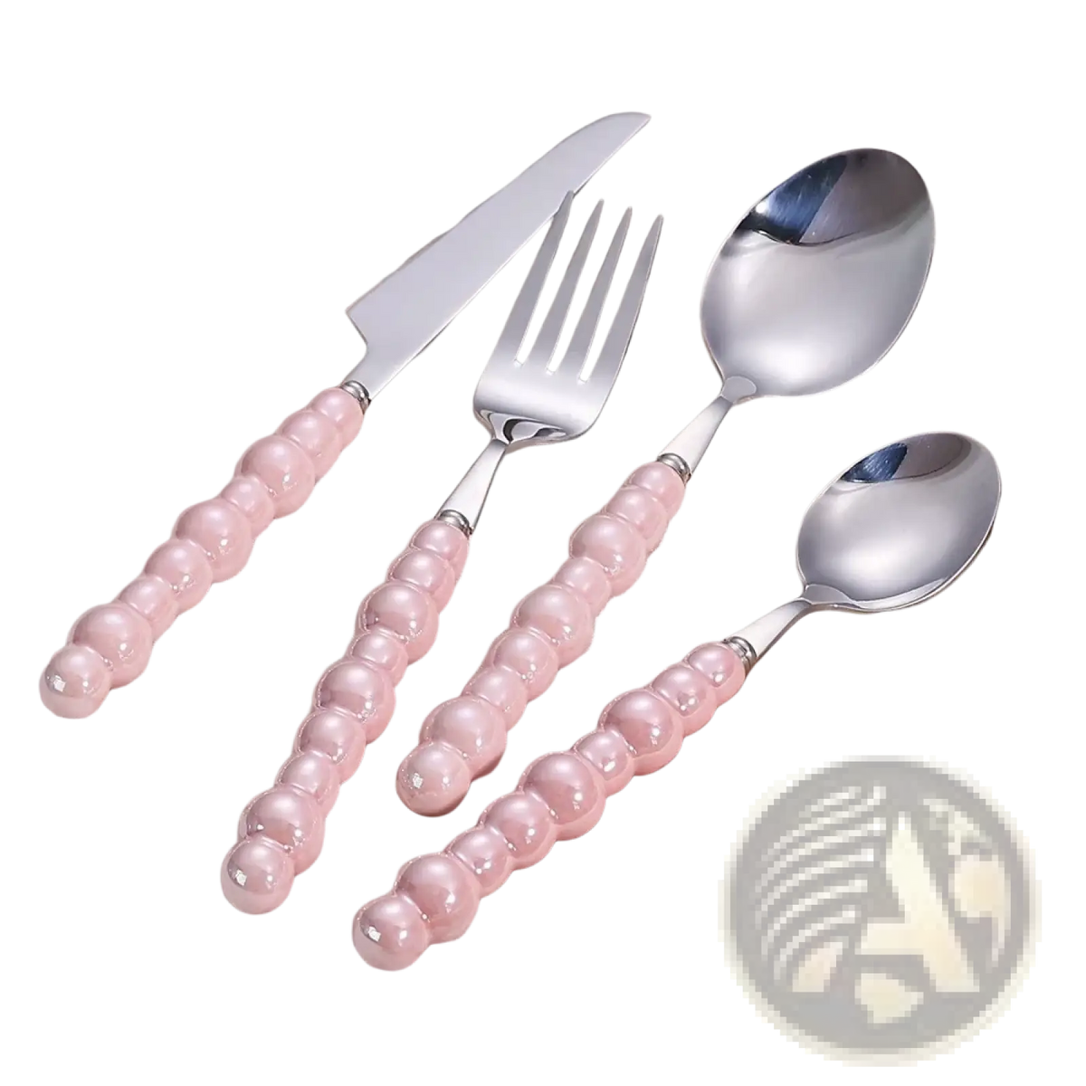 Set of four stainless steel cutlery pieces with pink beaded pearl handles for elegant dining