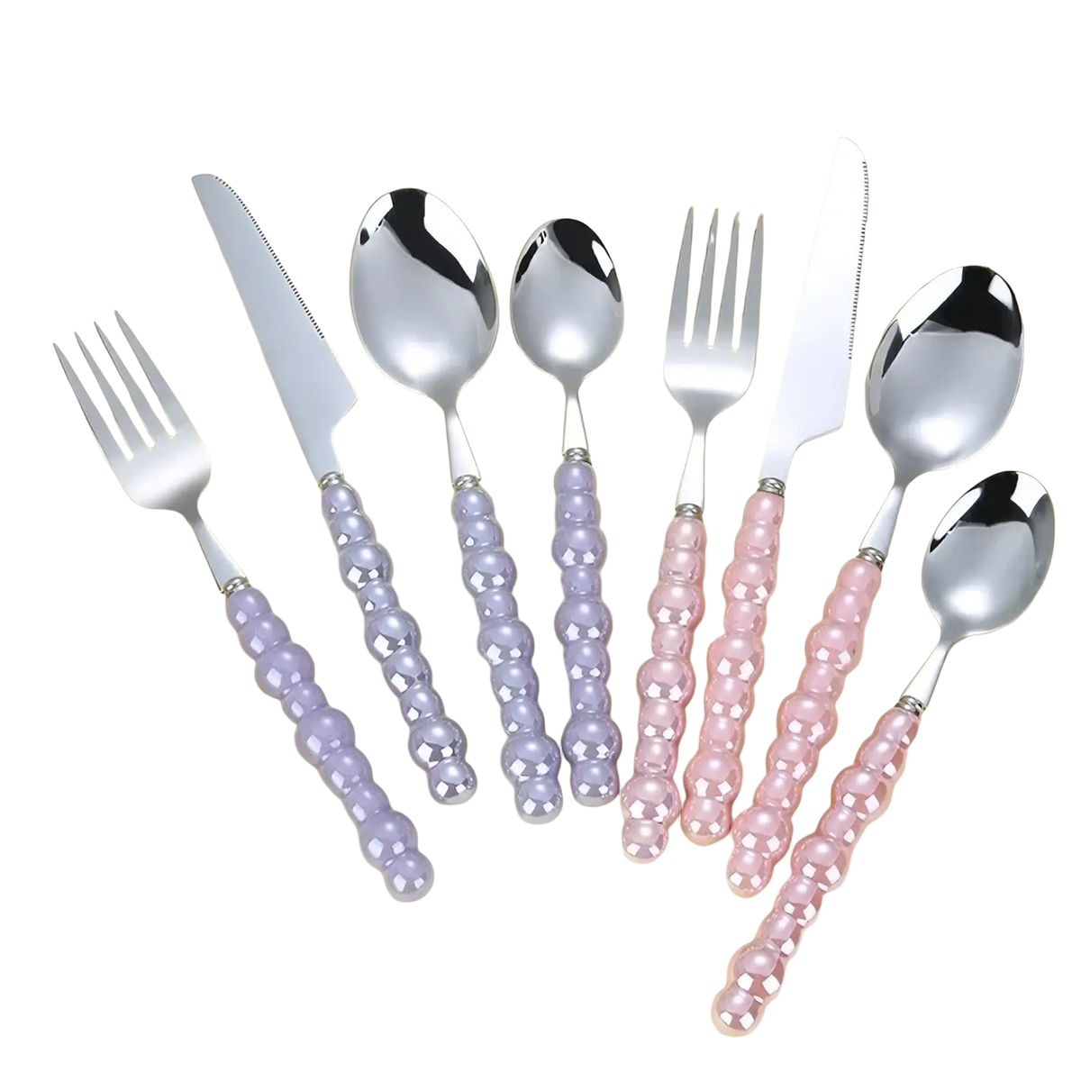 Pearl handle stainless steel flatware set with pearl-like beaded handles in lavender and pink hues